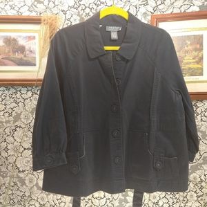 Motto black denim swing jacket fully lined covered buttons loose fitting belt